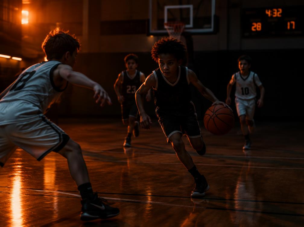 Youth basketball players practicing ball handling on a basketball court