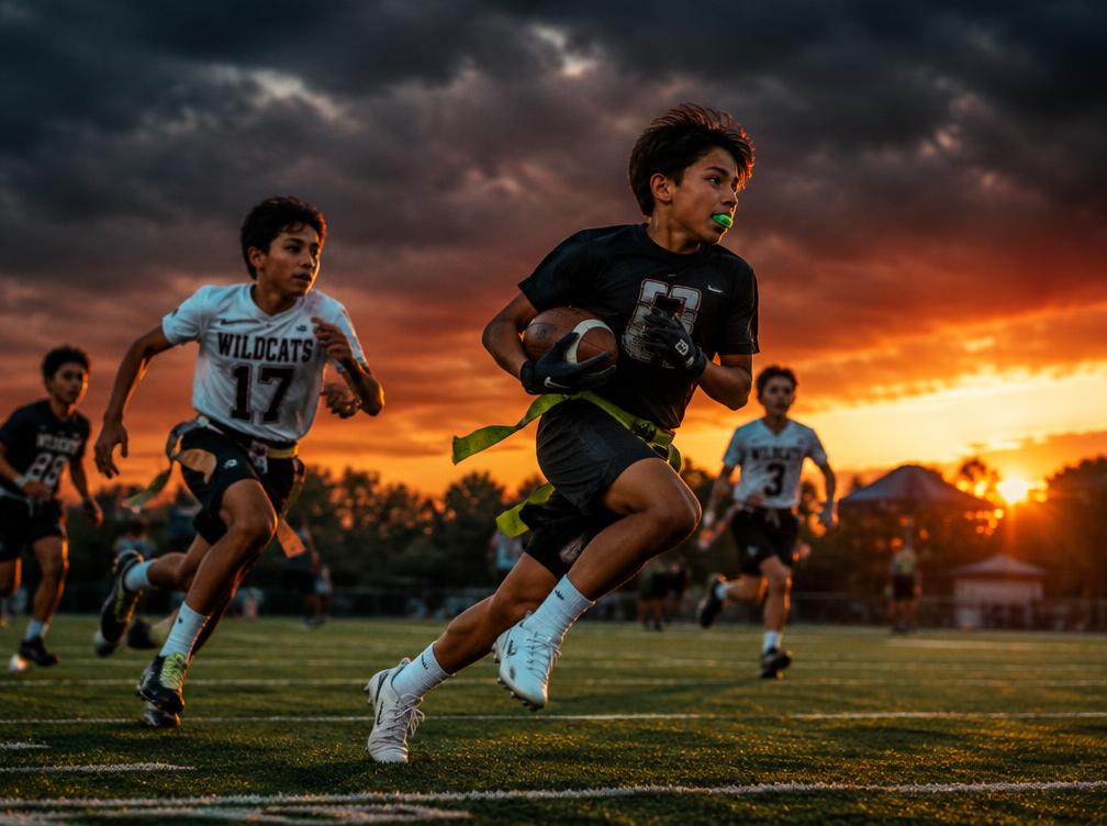 Youth flag football players running with a football