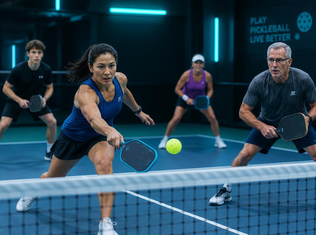 Pickleball players using paddles at a pickleball net