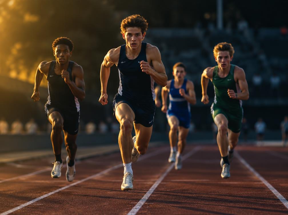 Youth track athletes sprinting in their lanes on an outdoor running track