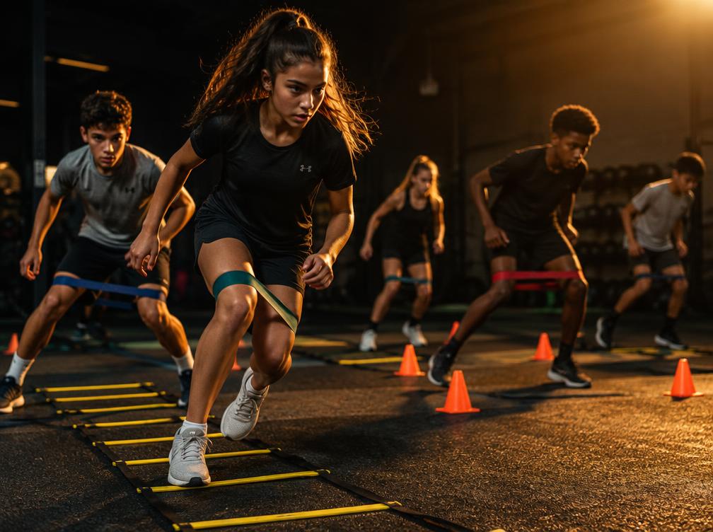 Youth athletes doing ladder and cone agility drills with resistance bands in a gym
